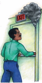 Man opens door in hall way and smoke starts to enter through the open door