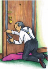 Person sealing door with tape and towels to stop smoke from entering room 